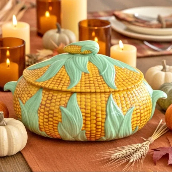 Vintage 1980 Corn Tureen Covered Ceramic Dish Majolica Style Vegetable Server - Picture 13 of 13